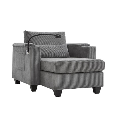 Convertible Chaise Lounge Sofa Chair Corduroy Sleeper With USB Ports, Cup Holders, Storage - Gray