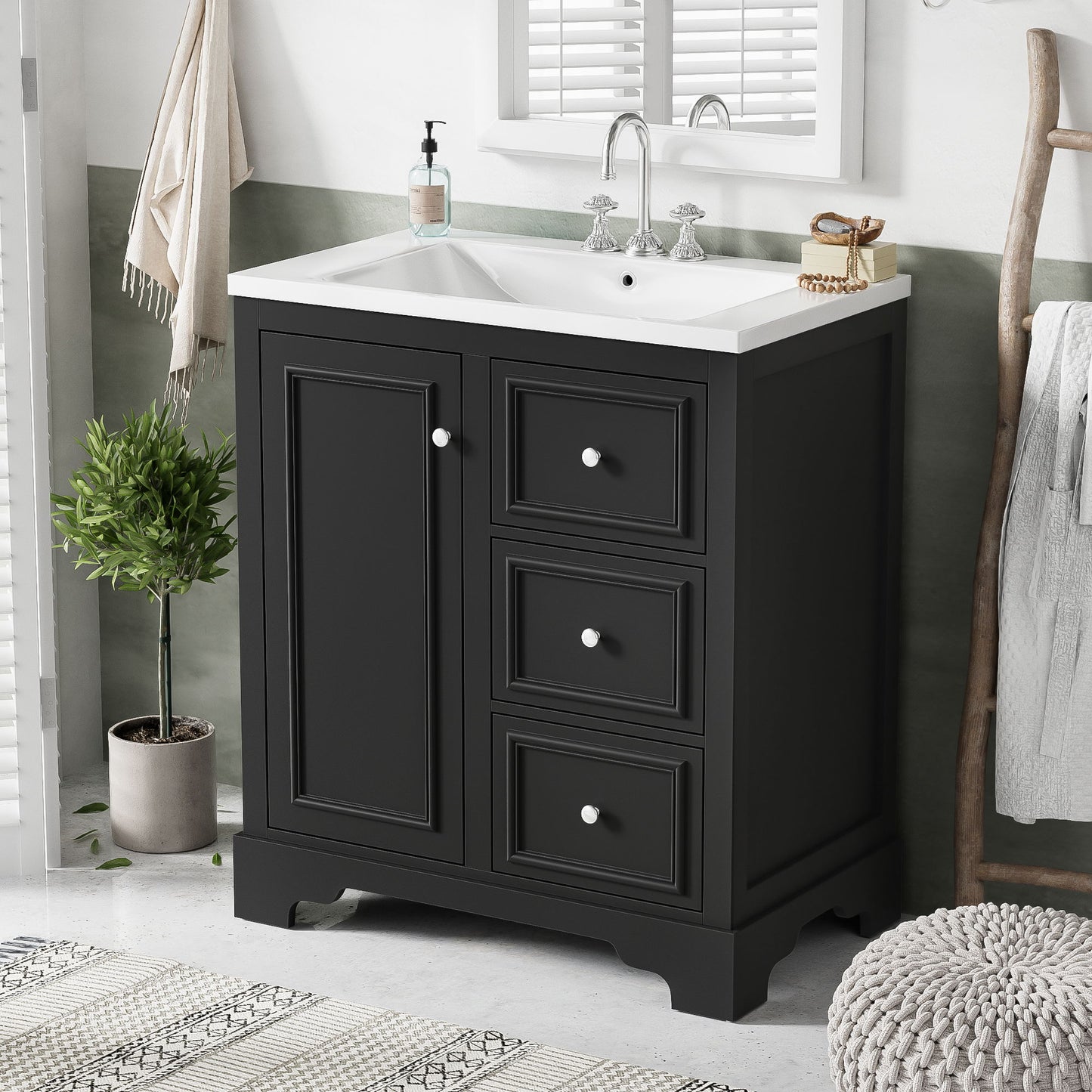 Bathroom Vanity Cabinet With Ceramic Basin, 3 Drawers And Adjustable Shelves - Black