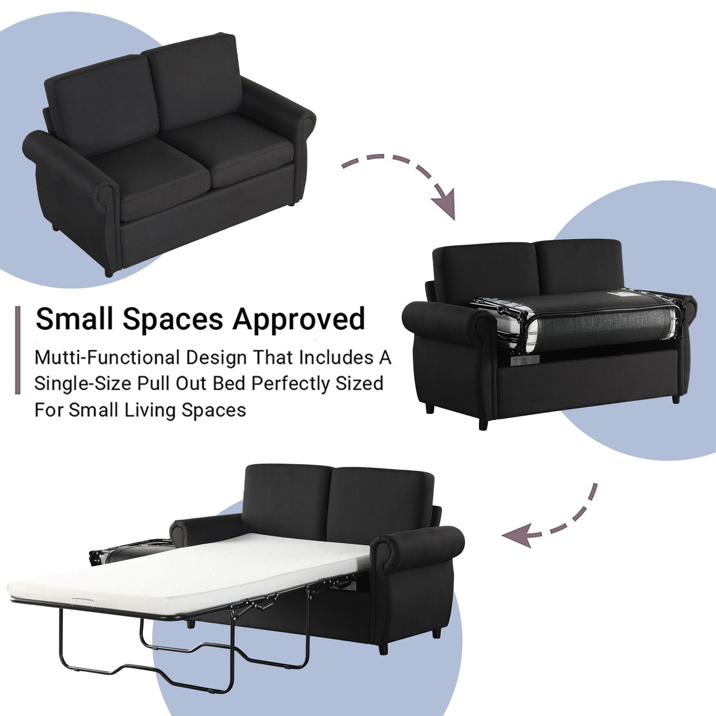 Pull Out Sofa Bed Loveseat Sleeper With Twin Size Memory Mattress With Two USB Ports For Living Room Spaces - Black