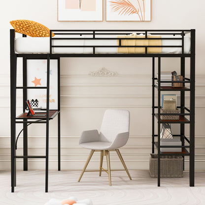 Twin Size Loft Bed With 3 Layers Of Shelves And Desk, Stylish Frame Bed - Black