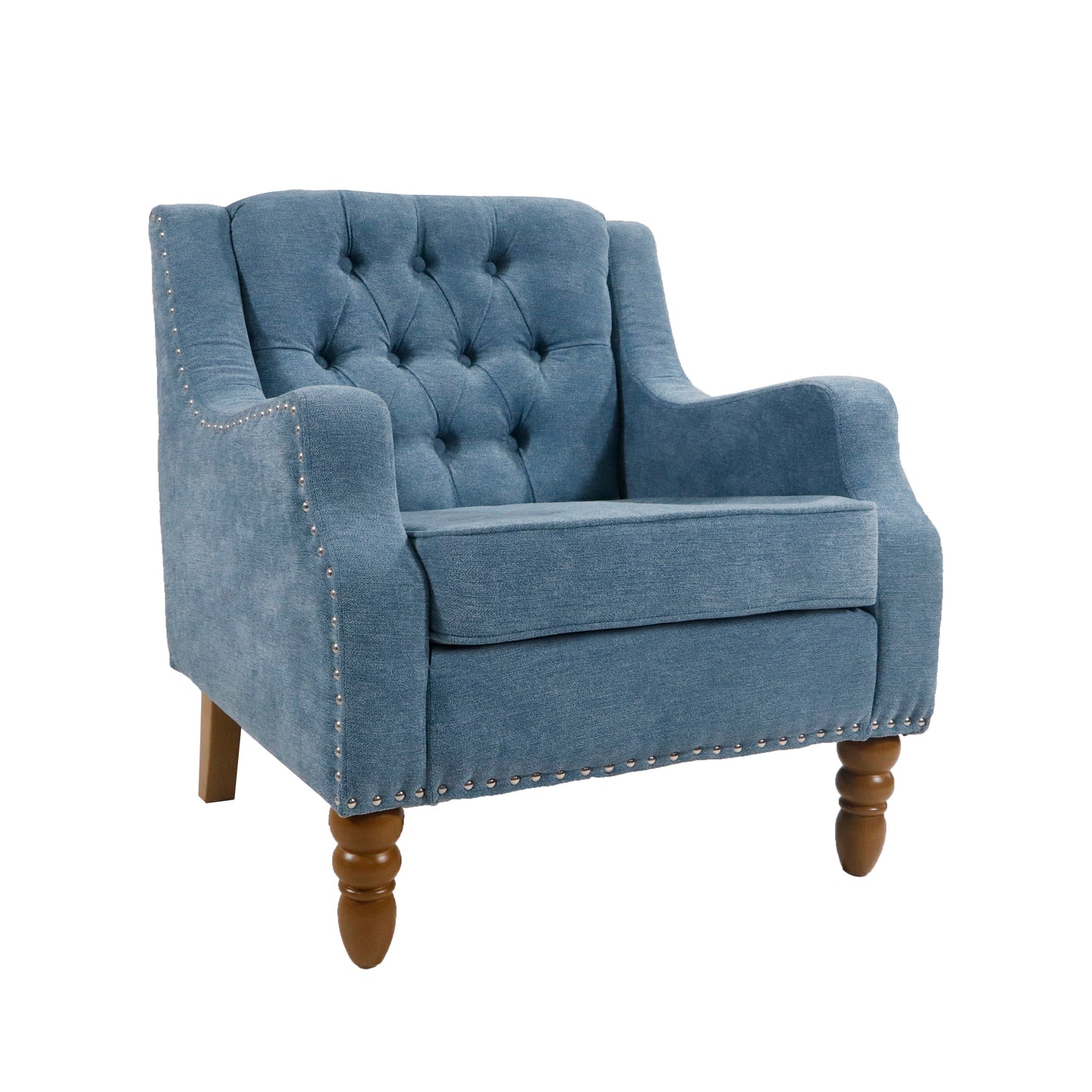 Accent Chair, Living Room Chair, Footrest Chair Set With Vintage Brass Studs, Button Tufted Upholstered Armchair For Living Room, Comfy Reading Chair For Bedroom, Reception Room - Blue