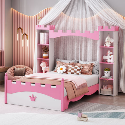 Castle Shaped Bed With Storage Shelf, Dreamy Twin Size Platform Bed For Kids Bedroom - White / Pink