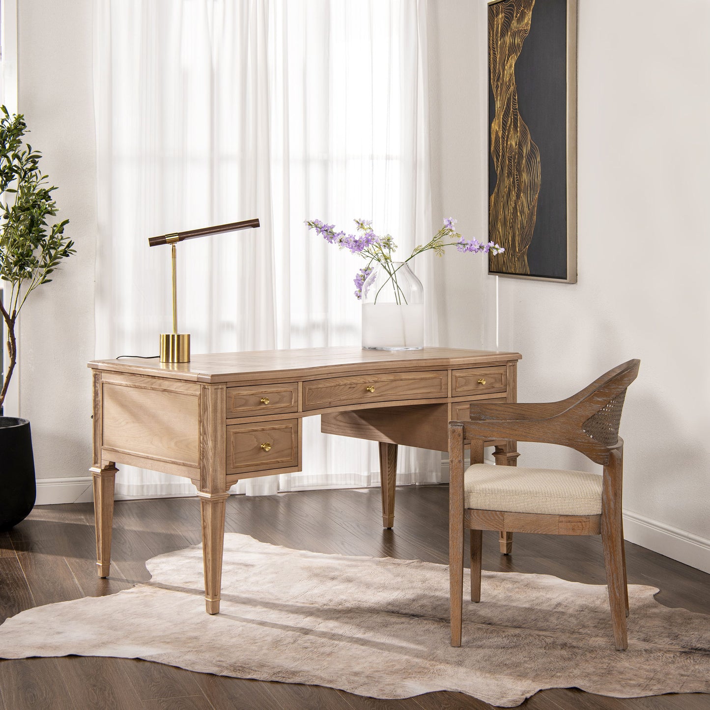 Dauphin - Gold Accent 5 Drawer Executive Desk - Natural Brown