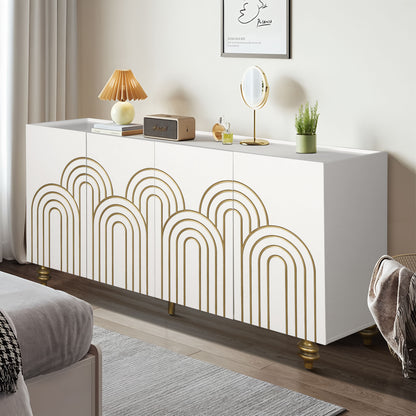 Modern Fluted Sideboard Buffet With Storage, Curve Element, 4 Doors With Adjustable Shelves - White