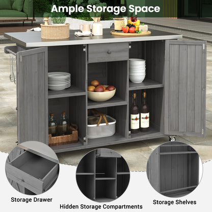 Outdoor Kitchen Island Fir Wood Kitchen Island With Stainless Steel Top, Ample Storage Space, Towel And Spice Racks And A Bottle Opener For Outdoor - Gray