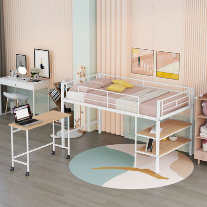 Twin Size Loft Bed With Desk And Shelves - White