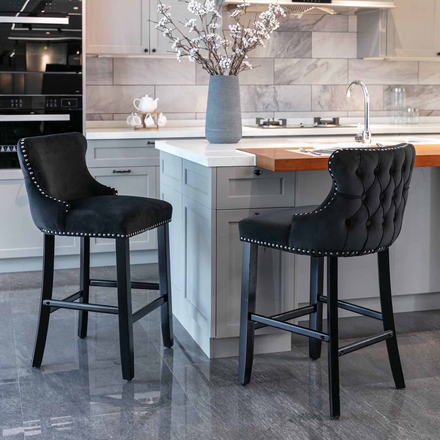 Contemporary Velvet Upholstered Wing-Back Barstools With Button Tufted Decoration And Wooden Legs, And Chrome Nailhead Trim, Leisure Style Bar Chairs, Bar Stools (Set of 4) - Black