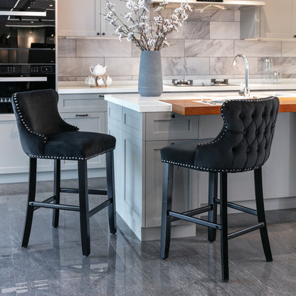 Contemporary Velvet Upholstered Wing-Back Barstools With Button Tufted Decoration And Wooden Legs, And Chrome Nailhead Trim, Leisure Style Bar Chairs, Bar Stools (Set of 4) - Black