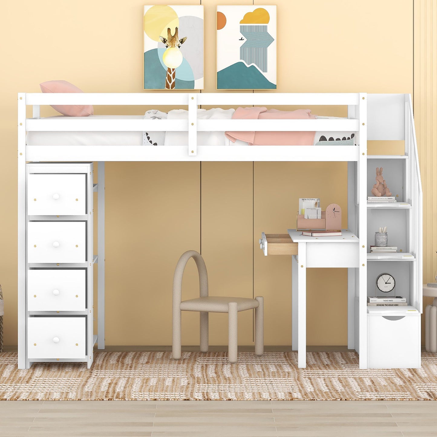 Twin Size Loft Bed With Storage Drawers, Desk And Stairs With Shelves - White