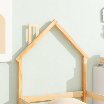 Twin Size Wood Bed With House Shaped Headboard Floor Bed With Fences - Natural