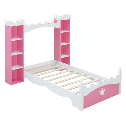 Castle Shaped Bed With Storage Shelf, Dreamy Twin Size Platform Bed For Kids Bedroom - Pink / White