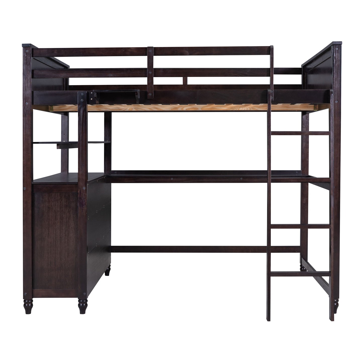Full Size Loft Bed With Drawers And Desk With Shelves - Espresso