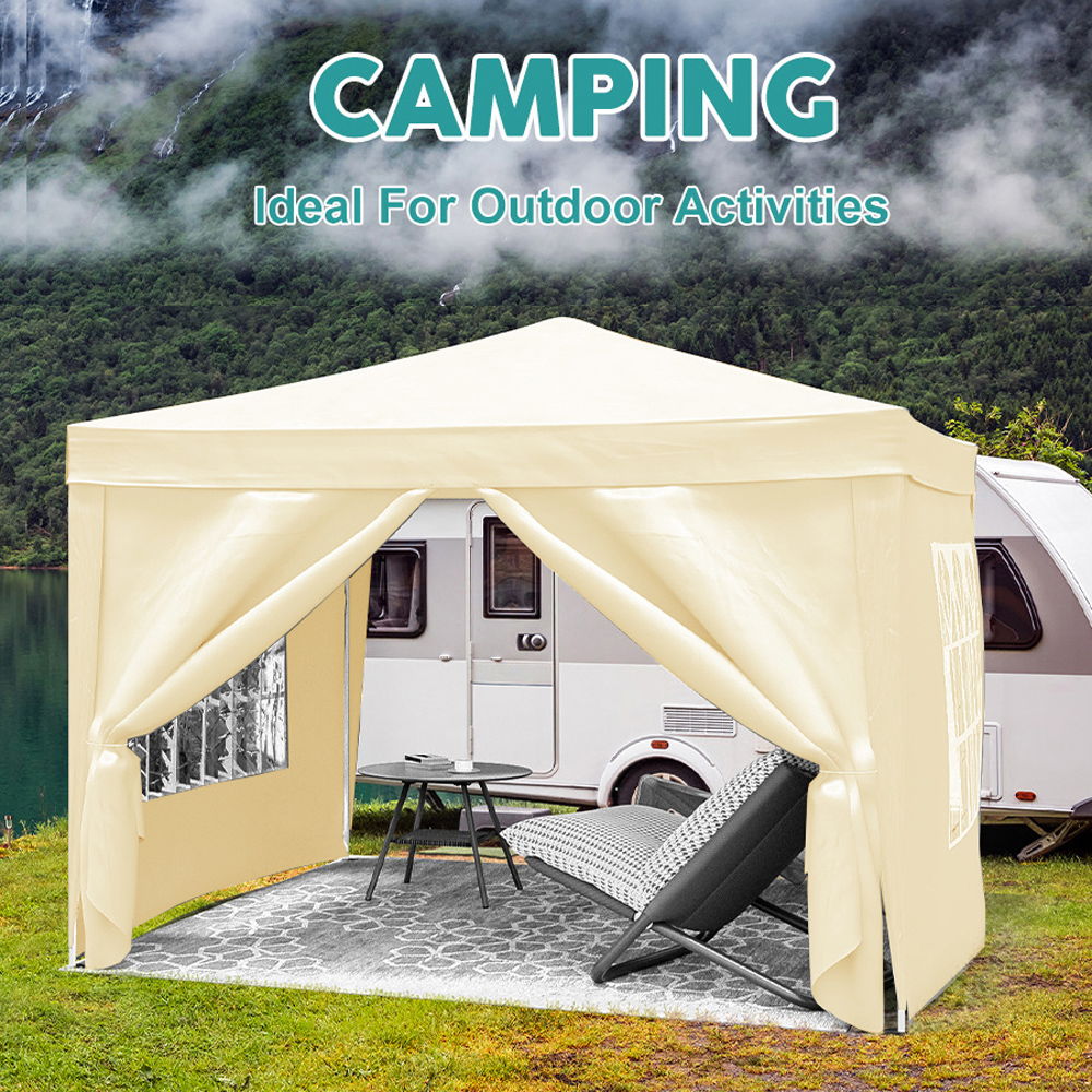 10'X10' Folding Canopy With 4 Removable Sidewalls Outdoor Event Shelter UPF 50+ Gazebo Portable Tents For Parties Beach Camping Wedding Ez Pop Up Canopy 4 Pieces Weight Bag + Carry Bag - Beige
