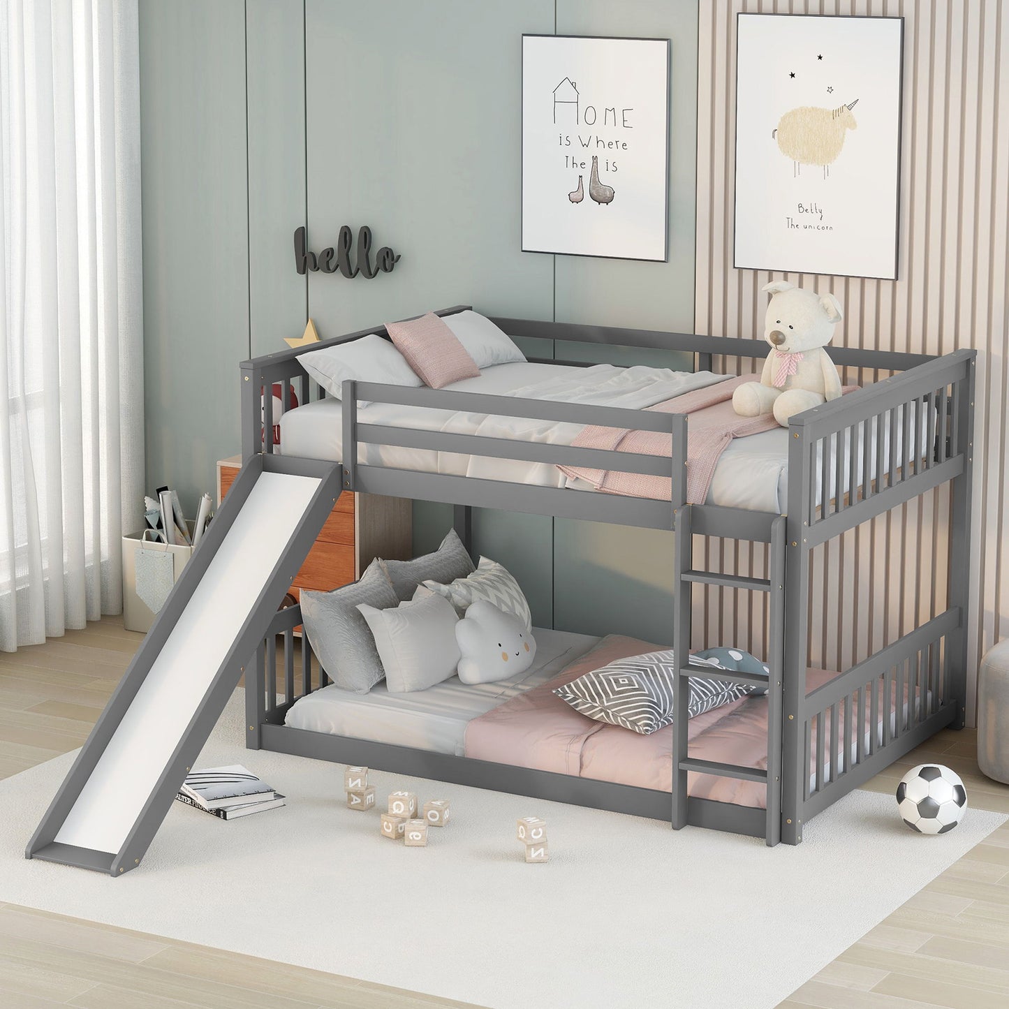 Full Over Full Bunk Bed With Slide And Ladder - Gray