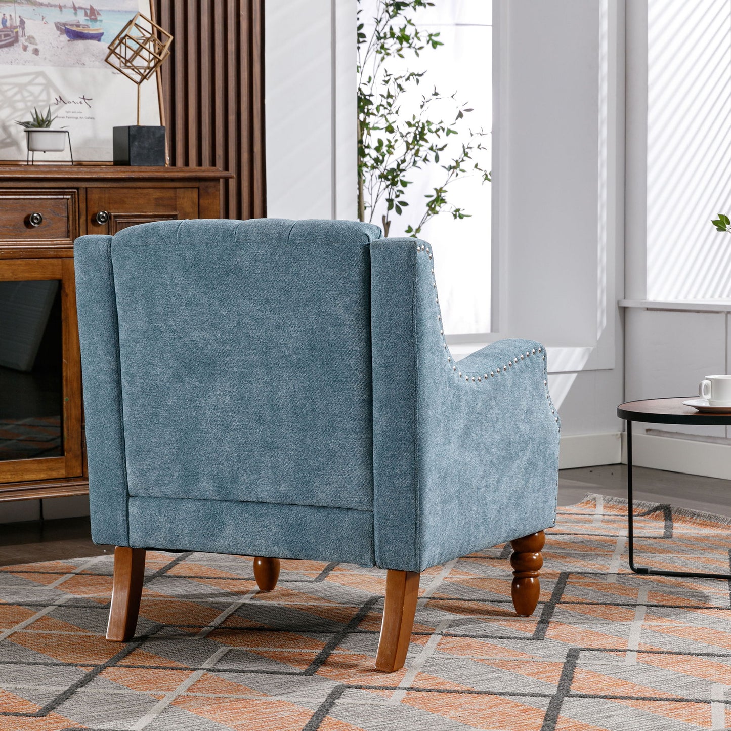 Accent Chair, Living Room Chair, Footrest Chair Set With Vintage Brass Studs, Button Tufted Upholstered Armchair For Living Room, Comfy Reading Chair For Bedroom, Reception Room - Blue