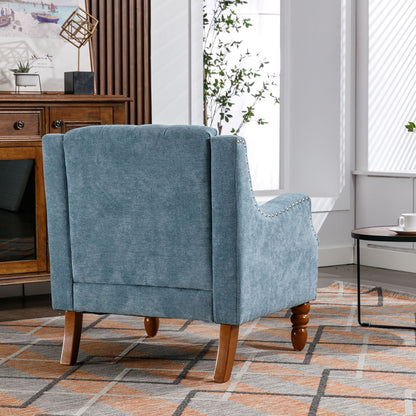 Accent Chair, Living Room Chair, Footrest Chair Set With Vintage Brass Studs, Button Tufted Upholstered Armchair For Living Room, Comfy Reading Chair For Bedroom, Reception Room - Blue