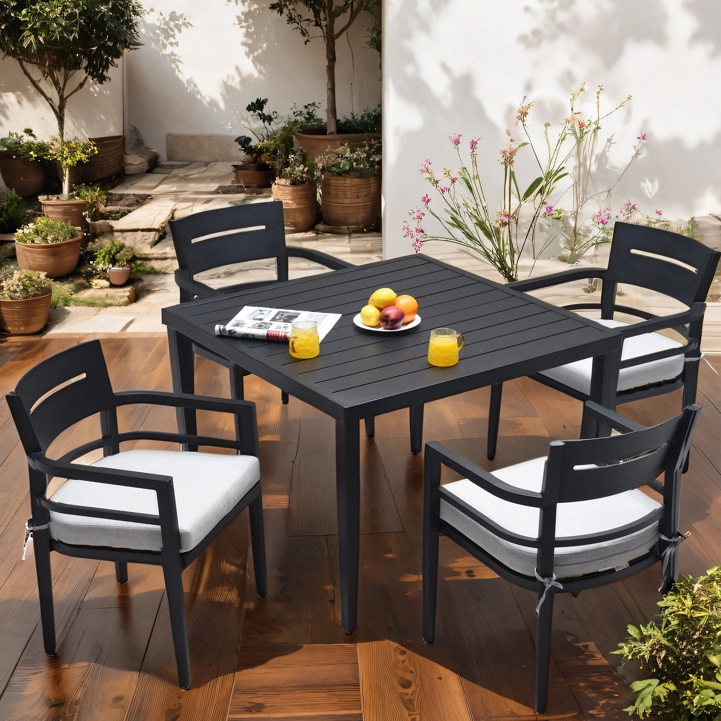 5 Piece Outdoor Patio Modern Dining Set, 4 Dining Chairs Sunbrella Fabric And Square Dining Table With Umbrella Hole - Ember Black