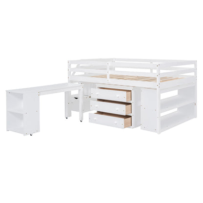 Full Size Loft Bed With Retractable Writing Desk And 3 Drawers With Storage Stairs And Shelves - White