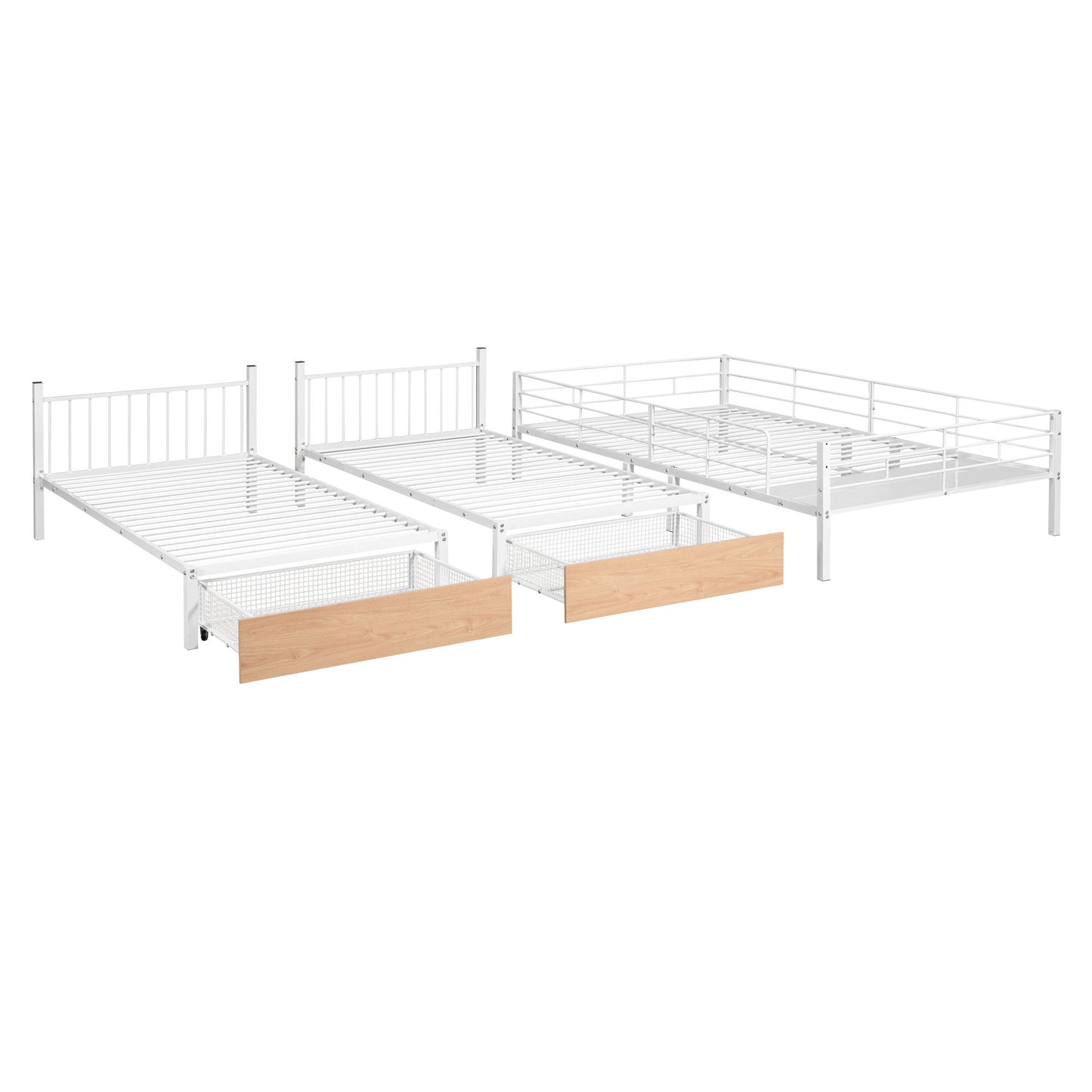 Full Over Twin & Twin Bunk Bed, Triple Bunk Bed With Drawers And Guardrails - White