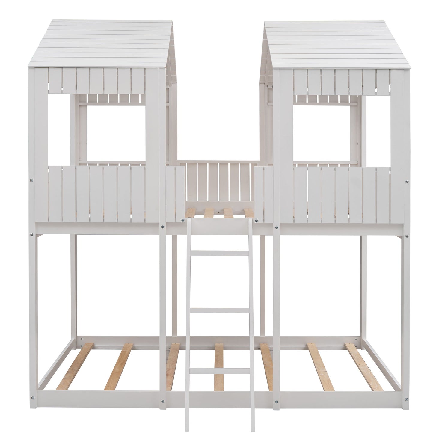 Full Over Full Bunk Bed With Roof, Window, Guardrail, Ladder - White
