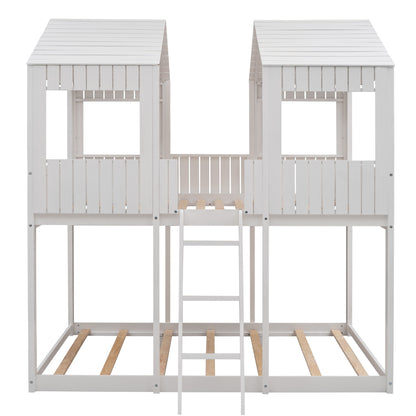 Full Over Full Bunk Bed With Roof, Window, Guardrail, Ladder - White