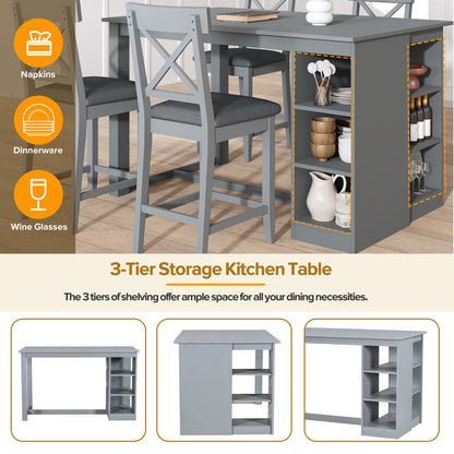 Solid Wood Farmhouse Counter Height Dining Table Set With 3 Tier Storage Shelves, Upholstered Dining Chairs For 4, 5 Piece - Gray
