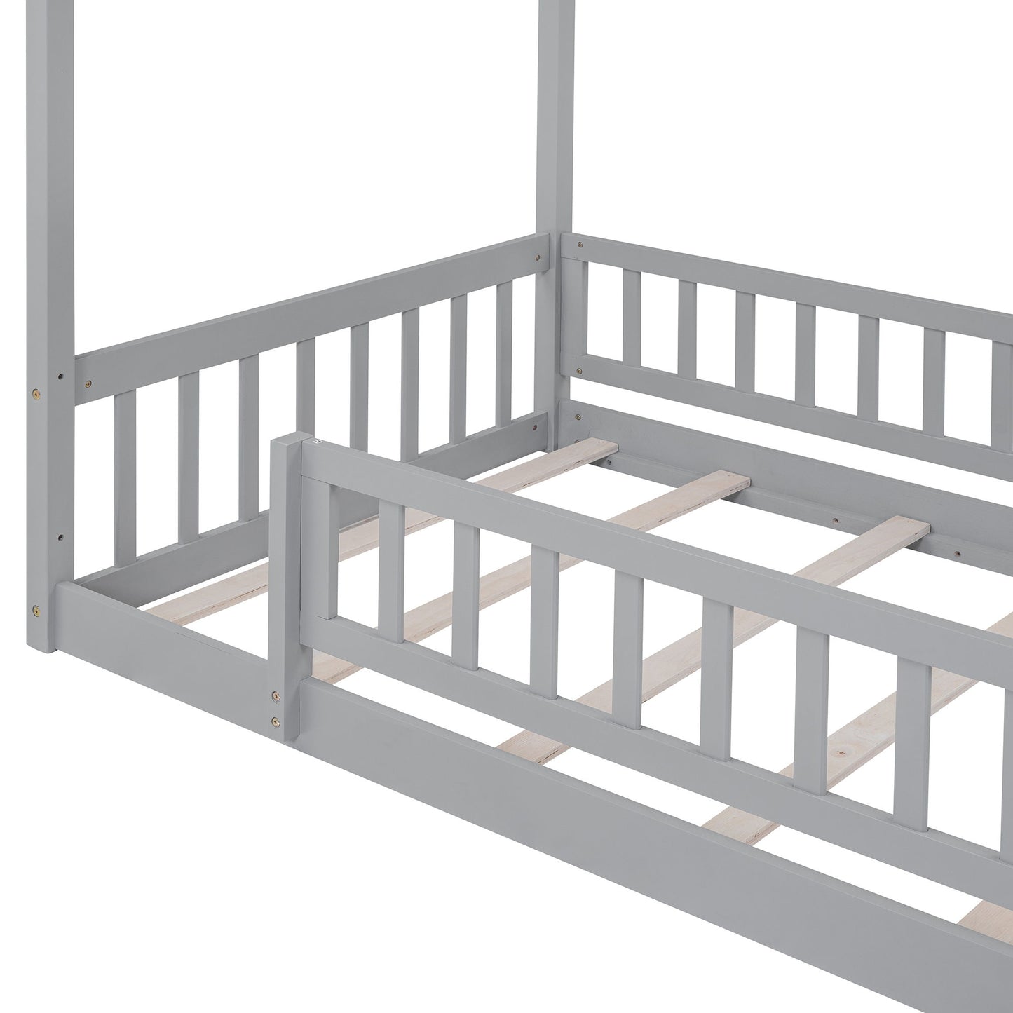 Twin Size Bed House Bed Frame With Fence - Gray