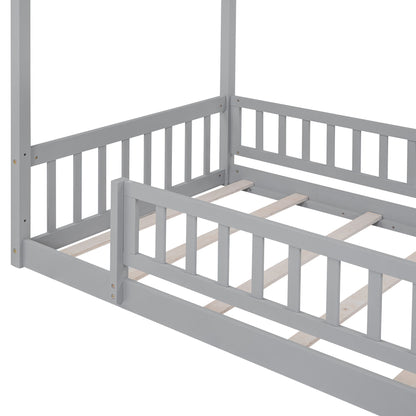 Twin Size Bed House Bed Frame With Fence - Gray