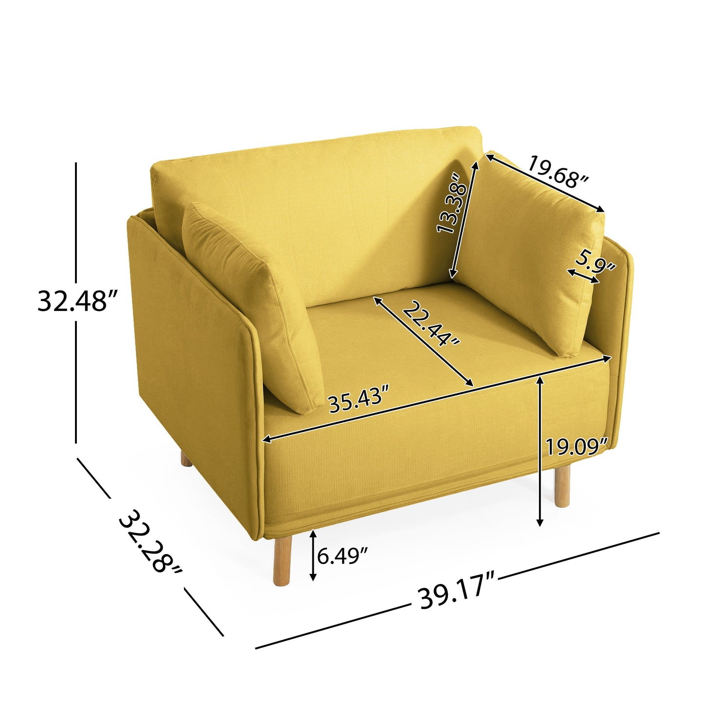 Modern Upholstered Accent Chair With Soft Cushions, Sleek Armrest Design - Yellow