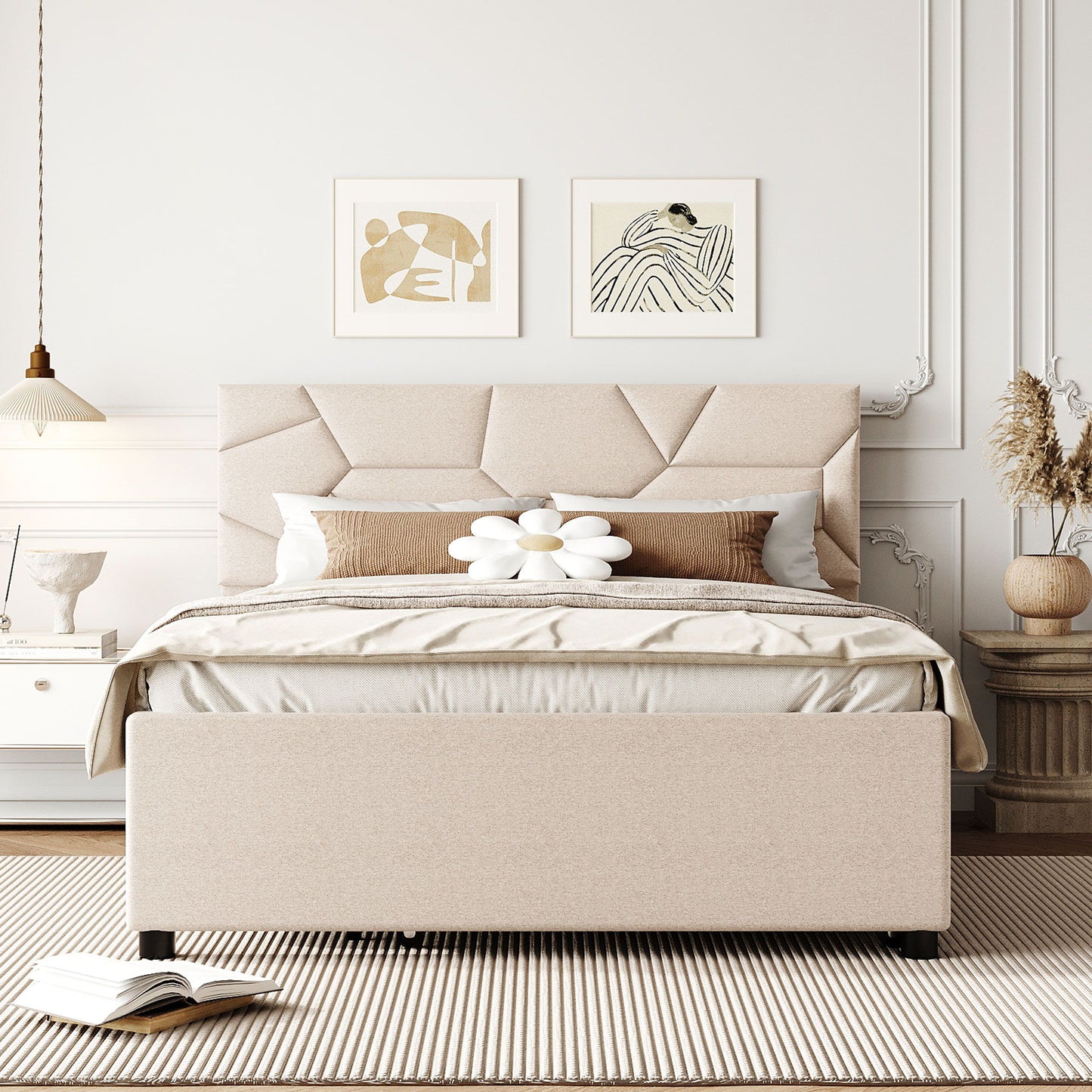 Full Size Upholstered Platform Bed With Brick Pattern Headboard And Twin Size Trundle - Beige