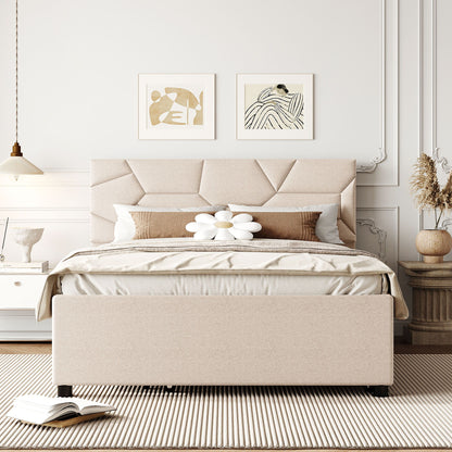 Full Size Upholstered Platform Bed With Brick Pattern Headboard And Twin Size Trundle - Beige