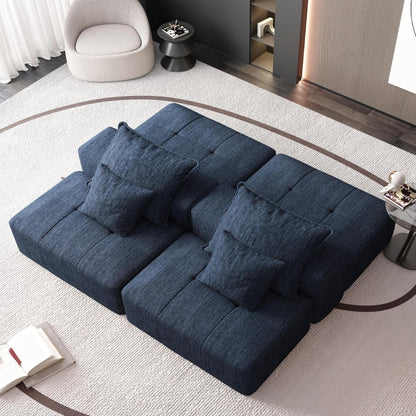 Modern Oversized Modular Sectional Sofa With 2 Ottoman And 2 Seat, Sparkling Chenille Fabric Soft Cushion Sofa With 4 Pillows, 4 Pieces Diy Combination Tufted Sofa, No Assembly Required - Blue