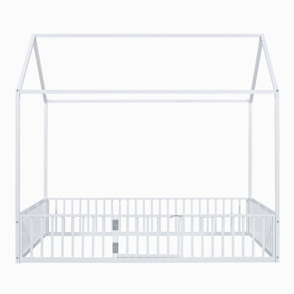 House Bed With Fence And Door - White