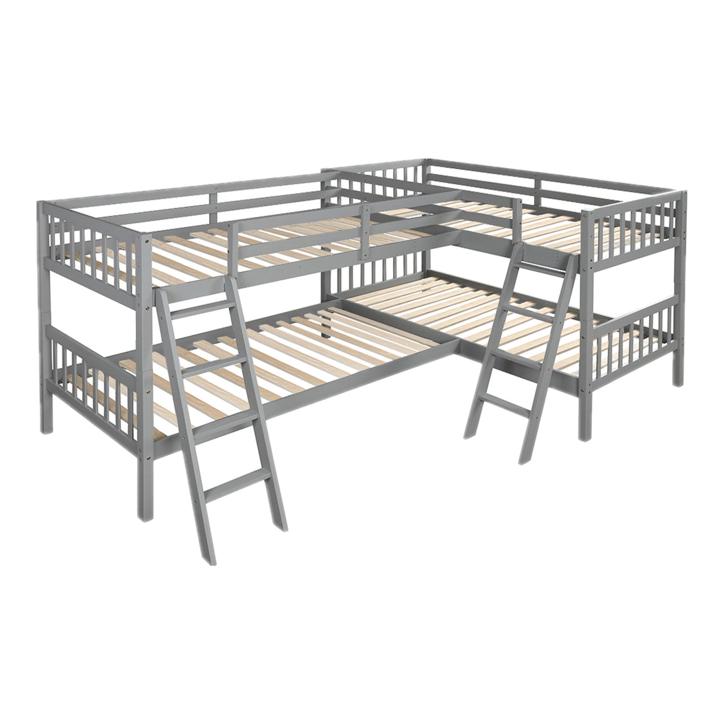 Twin Size L Shaped Bunk Bed With Ladder - Gray