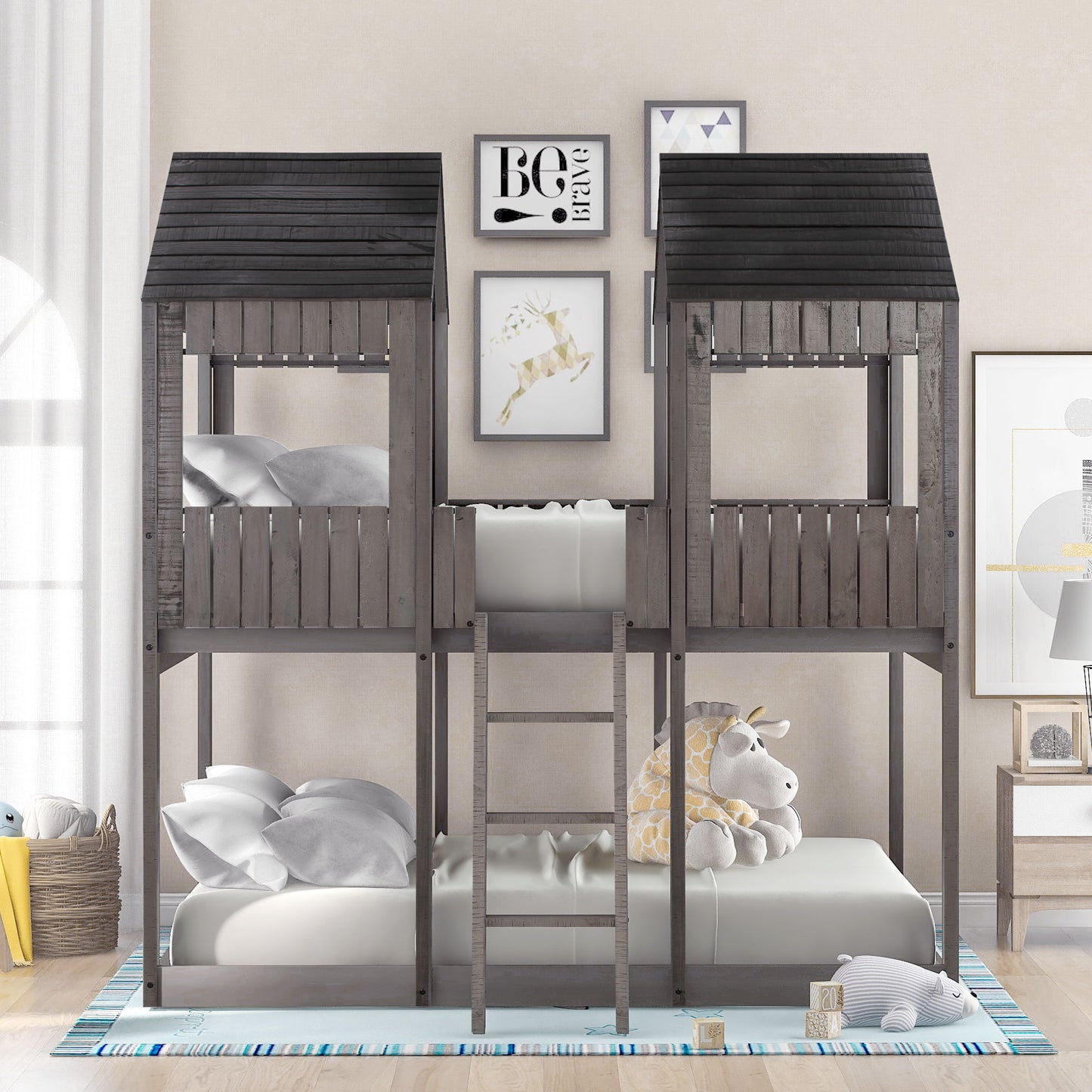 Full Over Full Bunk Bed With Roof, Window, Guardrail, Ladder - Antique Gray