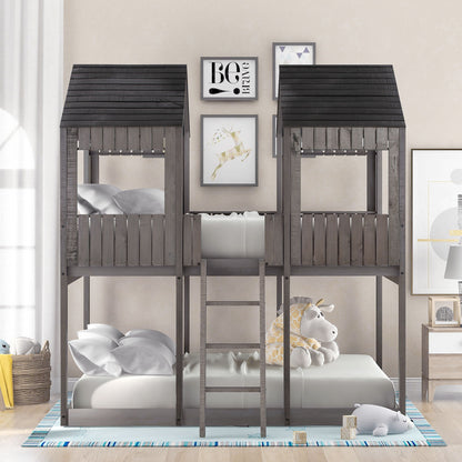 Full Over Full Bunk Bed With Roof, Window, Guardrail, Ladder - Antique Gray