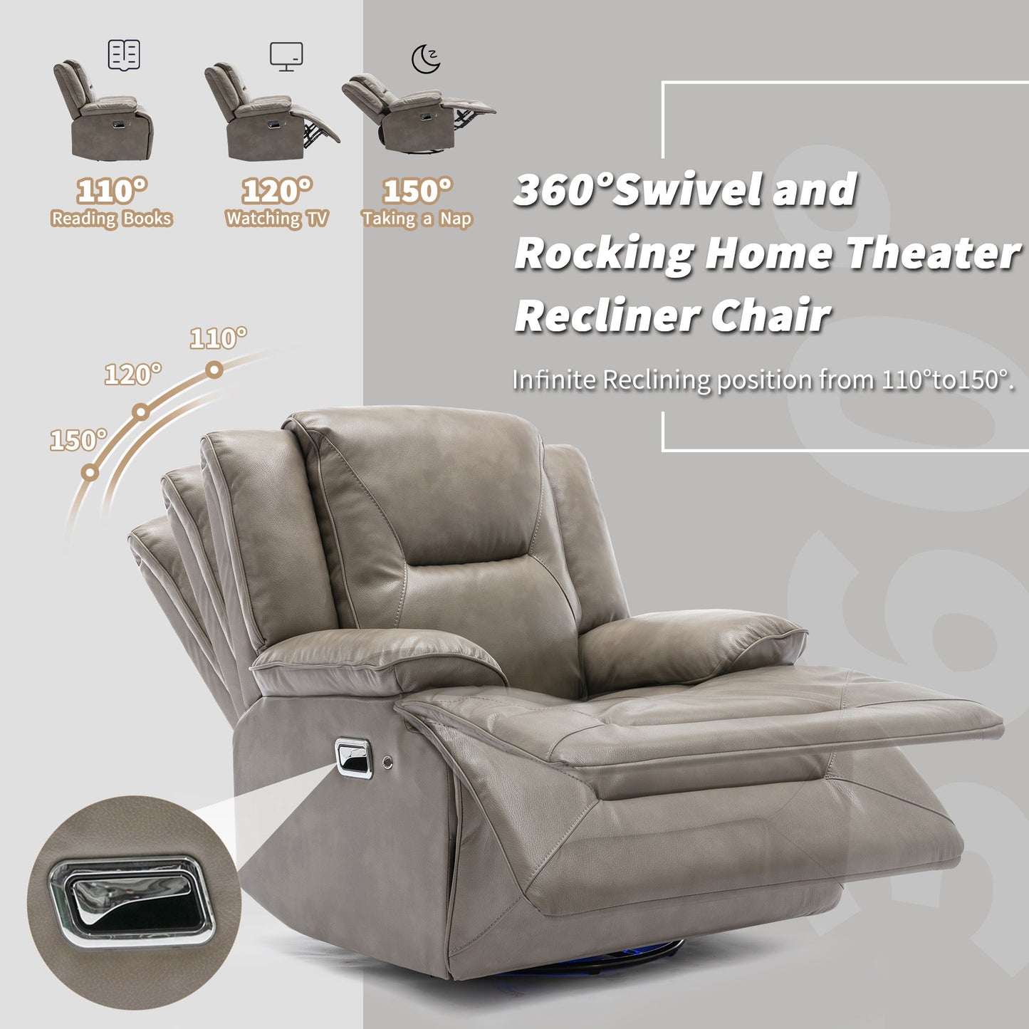 360ÔøΩÔøΩ Swivel And Rocking Home Theater Recliner Manual Recliner Chair With A Led Light Strip For Living Room - Gray