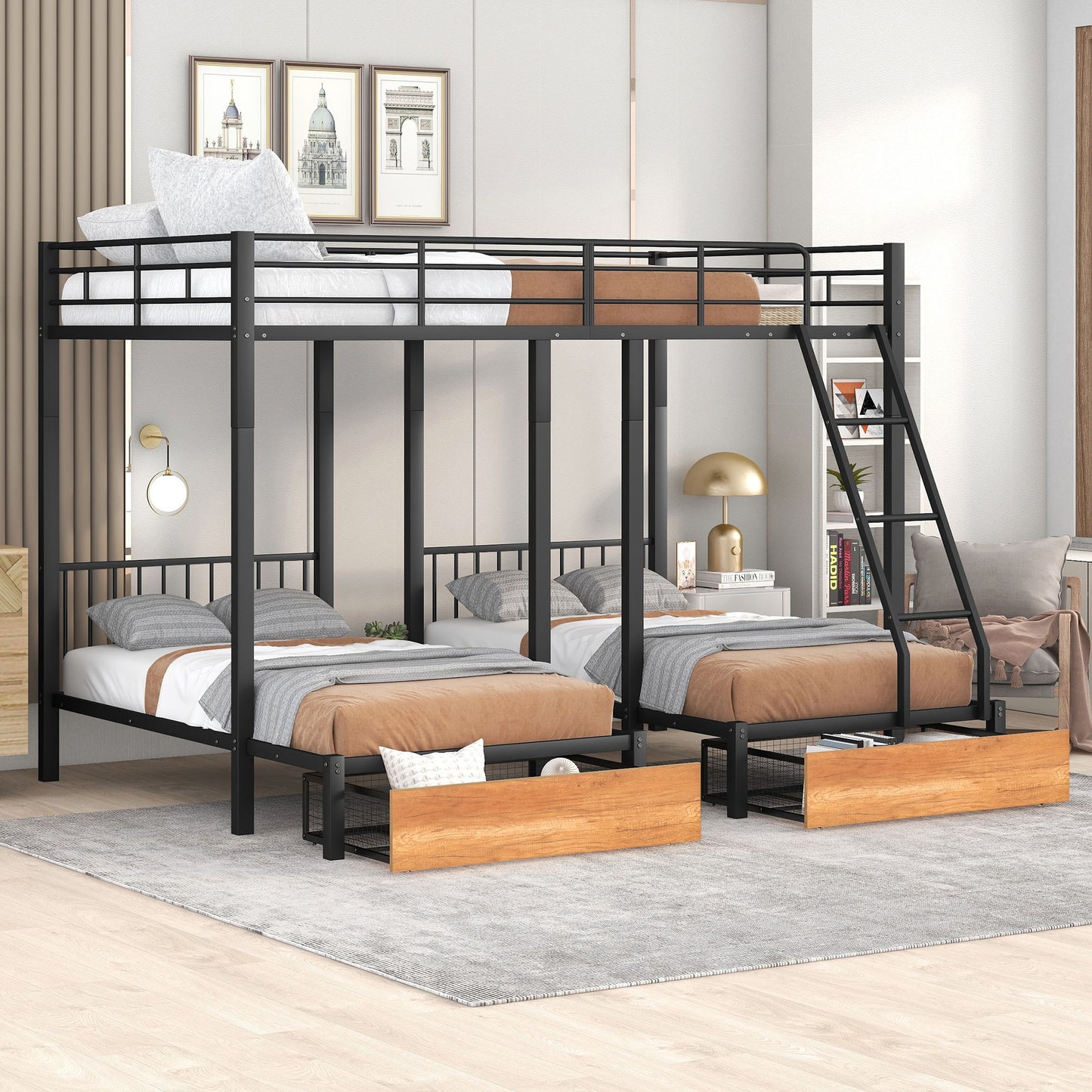 Full Over Twin & Twin Bunk Bed, Triple Bunk Bed With Drawers And Guardrails - Black