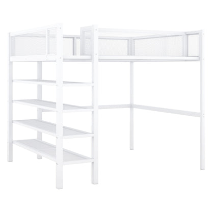 Full Size Loft Bed With 4 Tier Shelves And Storage - White