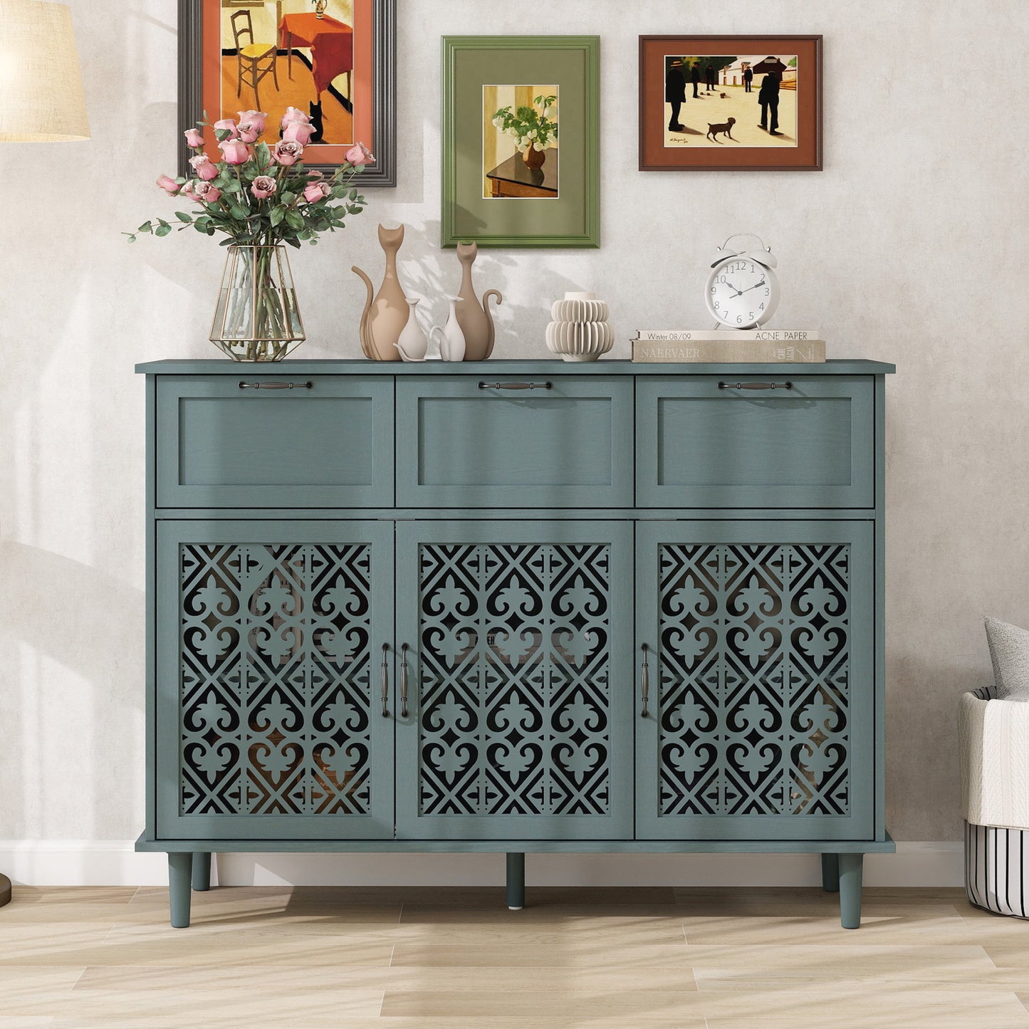 3 Door 3 Drawer Cabinet, American Furniture, Suitable For Bedroom, Living Room, Study - Dark Green