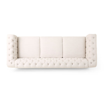Comfy 3 Seat Sofa With Wooden Legs, Retro Style For Living Room - Beige