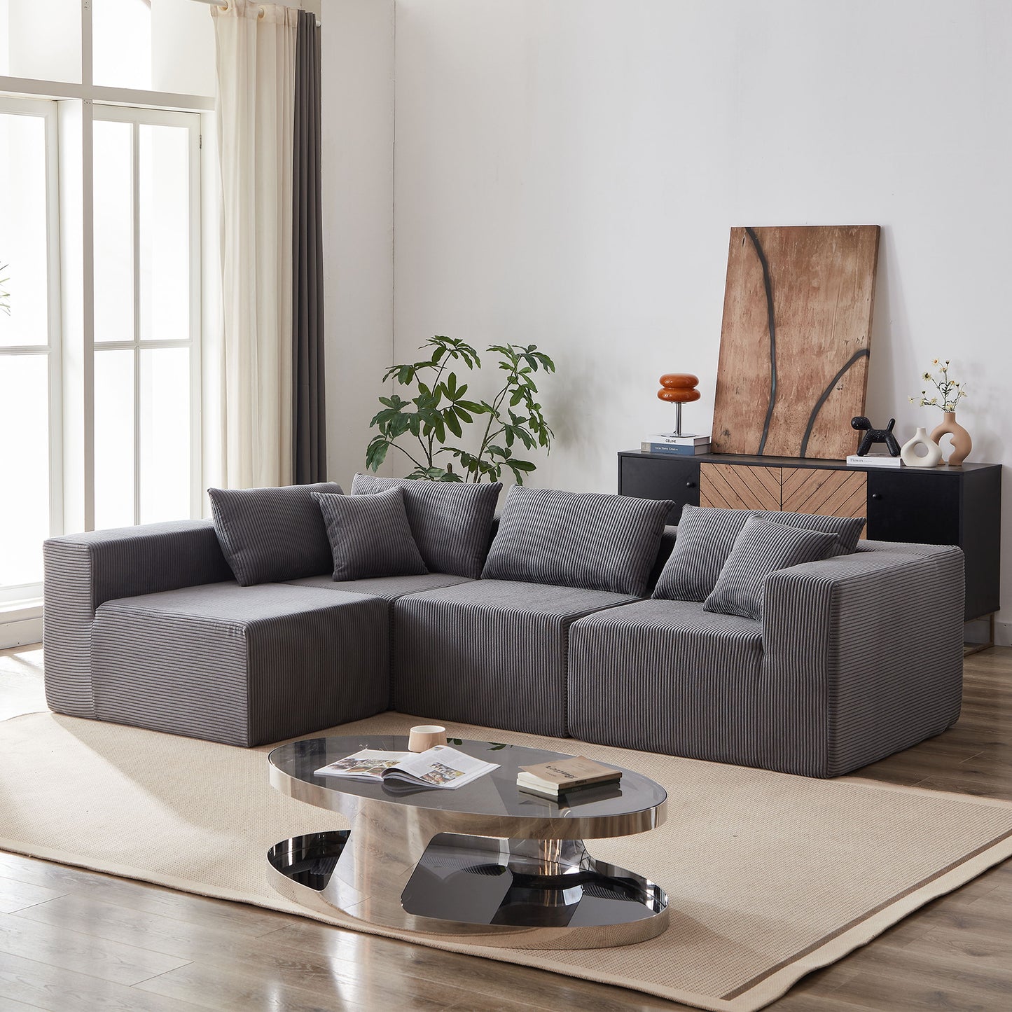 Corduroy Modular L Shaped Sectional Sofa, Luxury Floor Couch Set, 4 Piece Free Combination - Gray