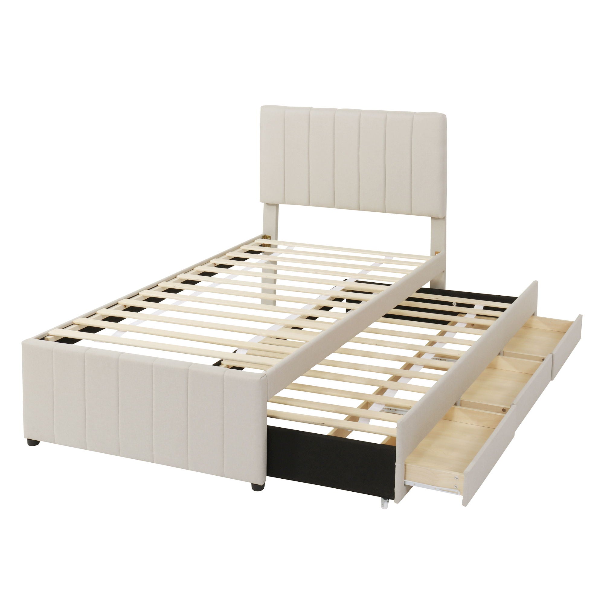 Twin Size Upholstered Platform Bed With Trundle And 3 Drawers - Beige