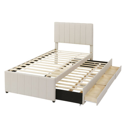 Twin Size Upholstered Platform Bed With Trundle And 3 Drawers - Beige
