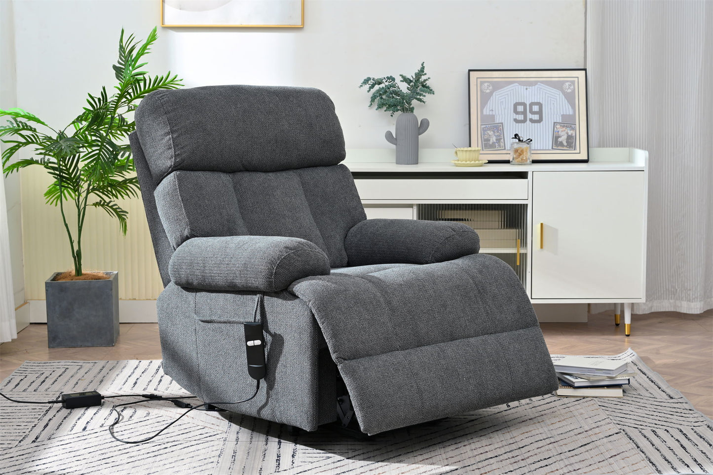 Oversized Power Lift Recliner Chair, Electric Fabric Recliner Chair, Home Theater Seating, Reclining Sofa Chair With Remote Control, Side Pocket, Spacious Seat - Dark Gray
