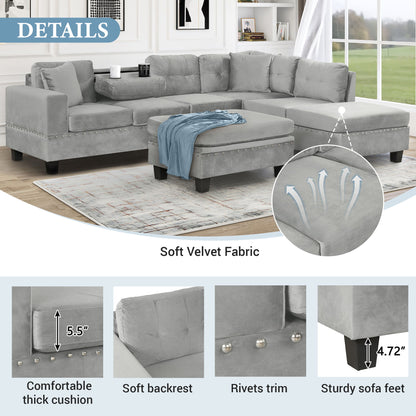Modern Sectional Sofa With Storage Ottoman, L - Shape Couch With 2 Pillows And Cup Holders - Gray
