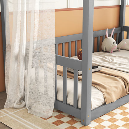 Twin Size Canopy Frame Floor Bed With Fence, Guardrails - Gray