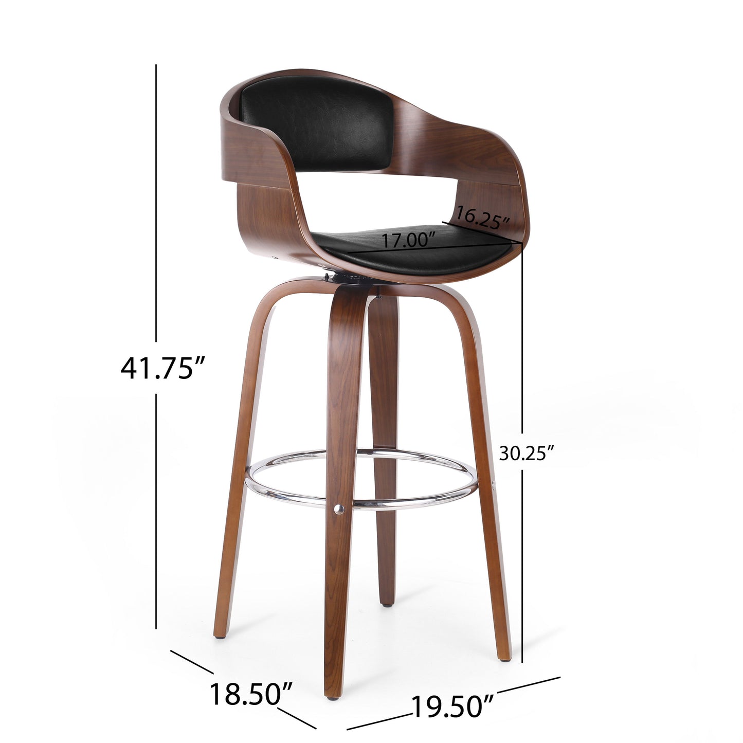 Upholstered Swivel Barstool With Wood Frame / Chrome Footrest - Walnut / Black