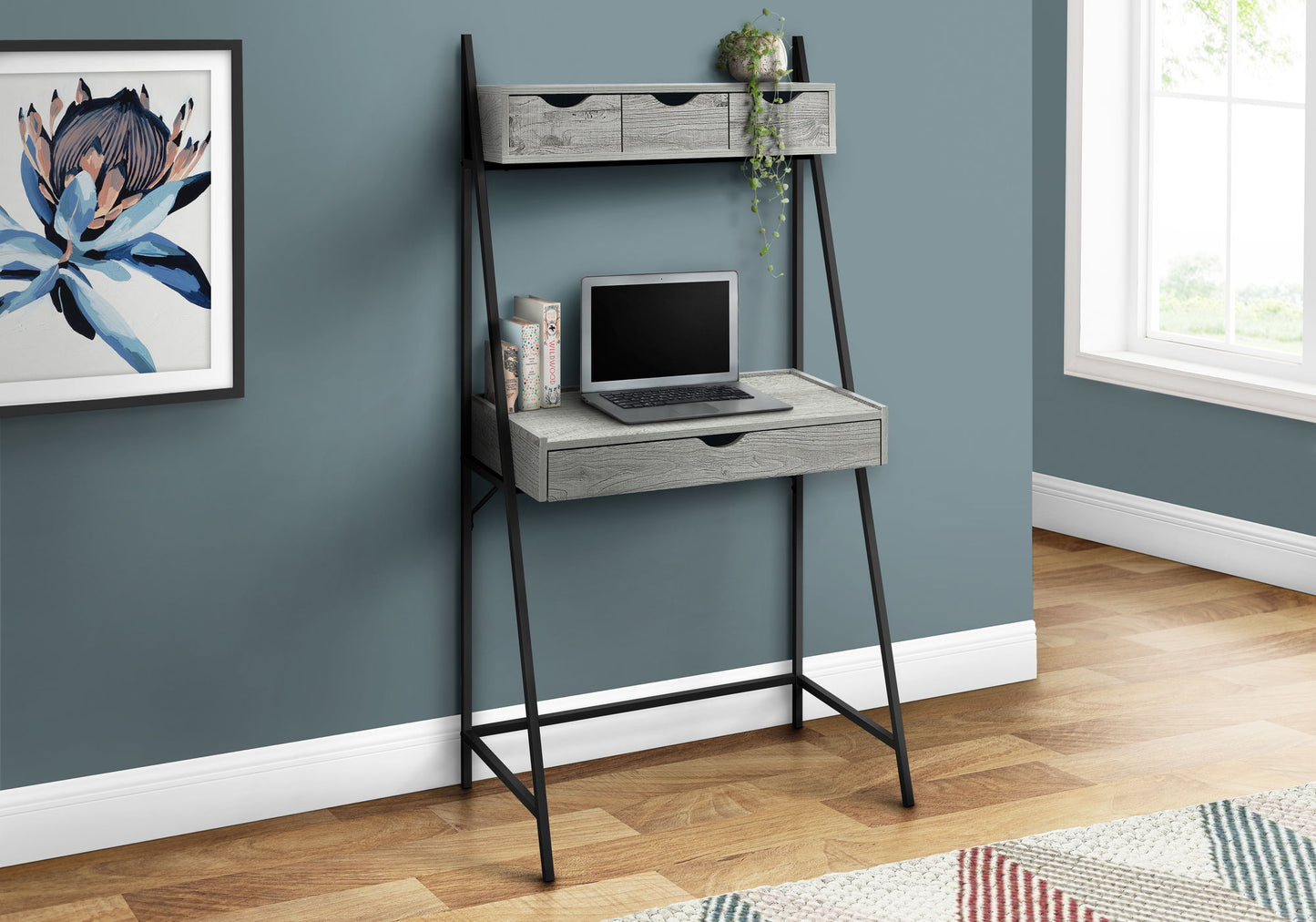 Computer Desk For Home Office, Laptop, Leaning, Storage Drawers, Contemporary & Modern - Gray