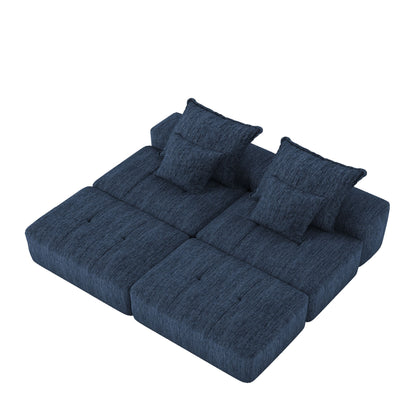 Modern Oversized Modular Sectional Sofa With 2 Ottoman And 2 Seat, Sparkling Chenille Fabric Soft Cushion Sofa With 4 Pillows, 4 Pieces Diy Combination Tufted Sofa, No Assembly Required - Blue